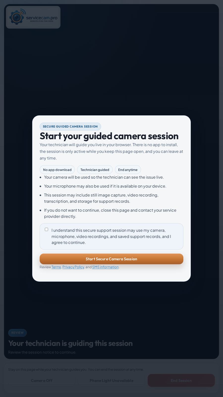 Actual ServiceCam customer browser screen showing the guided camera session consent flow