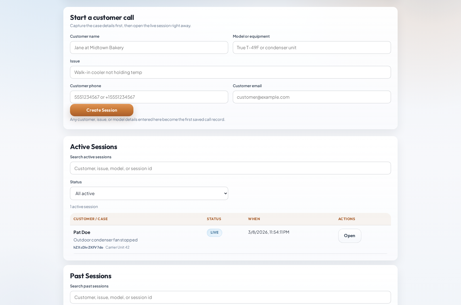Actual ServiceCam dashboard showing customer call intake and active sessions