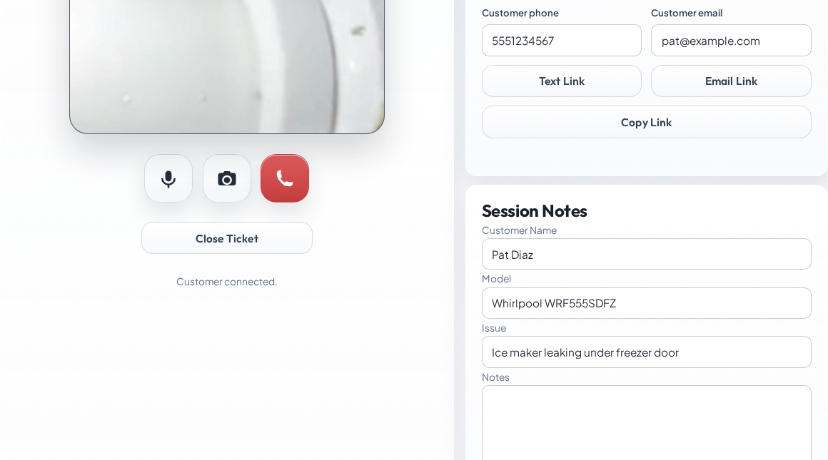Actual ServiceCam live ticket workspace with customer camera controls and session notes